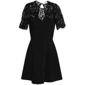 BA&SH BLACK LACE CREPE OPEN BACK MINI DRESS 10 NWT ROBE VERLAINE FIT FLARE